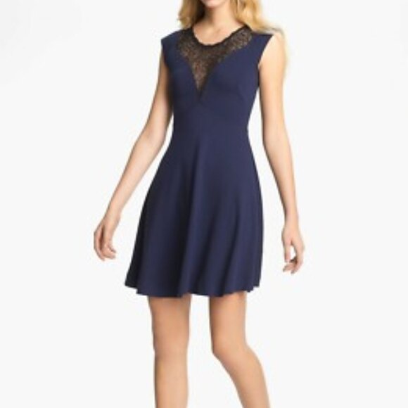 French Connection Alicia Lace Inset Blue and Black Dress Size 8 - Picture 1 of 9